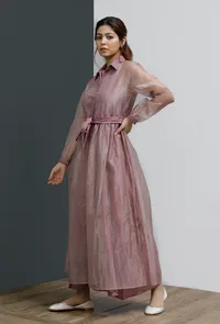 Onion Pink Organza Long Buttoned Shirt Dress with Belt image 2