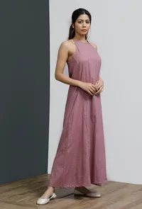 Onion Pink Organza Long Buttoned Shirt Dress with Belt image 3