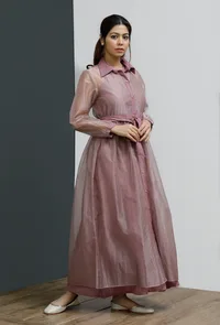 Onion Pink Organza Long Buttoned Shirt Dress with Belt image 4
