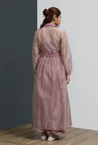 Onion Pink Organza Long Buttoned Shirt Dress with Belt image 5