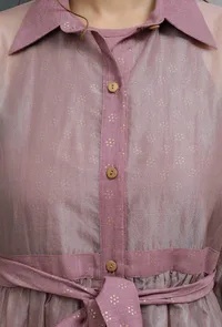 Onion Pink Organza Long Buttoned Shirt Dress with Belt image 6