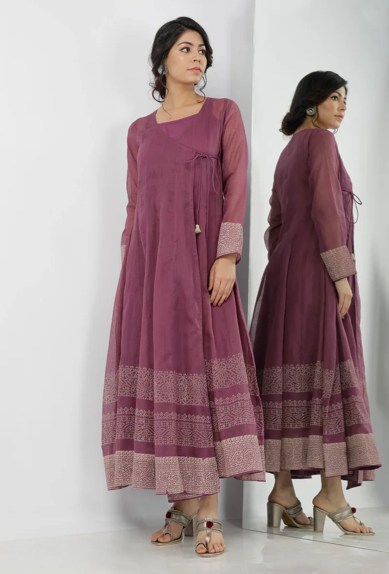 Iya Purple Motifs Pattern Hand-Block Printed Kota Kali Angrakha Anarkali