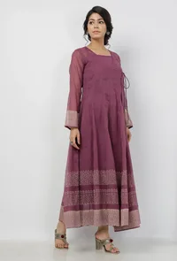 Iya Purple Motifs Pattern Hand-Block Printed Kota Kali Angrakha Anarkali image 2