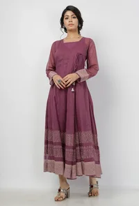 Iya Purple Motifs Pattern Hand-Block Printed Kota Kali Angrakha Anarkali image 3