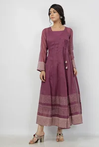 Iya Purple Motifs Pattern Hand-Block Printed Kota Kali Angrakha Anarkali image 4