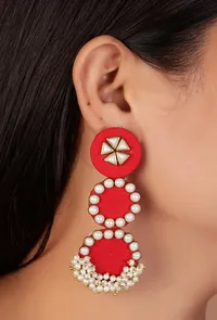 3-Layer Round Red Fabric Earrings with Stone & Mogra Pearls – Lightweight image 1
