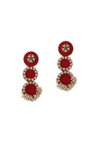 3-Layer Round Red Fabric Earrings with Stone & Mogra Pearls – Lightweight image 2