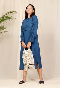 Blue Ruffled Hand-Embroidered Dress image 1