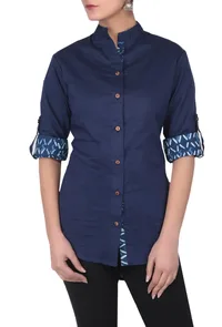 Pure cotton blue A-symetrical shirt with bagru block printed fabric image 1