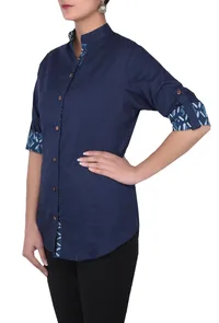 Pure cotton blue A-symetrical shirt with bagru block printed fabric image 2