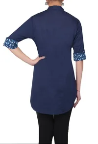 Pure cotton blue A-symetrical shirt with bagru block printed fabric image 3
