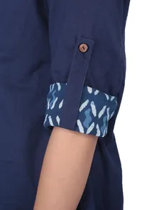 Pure cotton blue A-symetrical shirt with bagru block printed fabric image 4