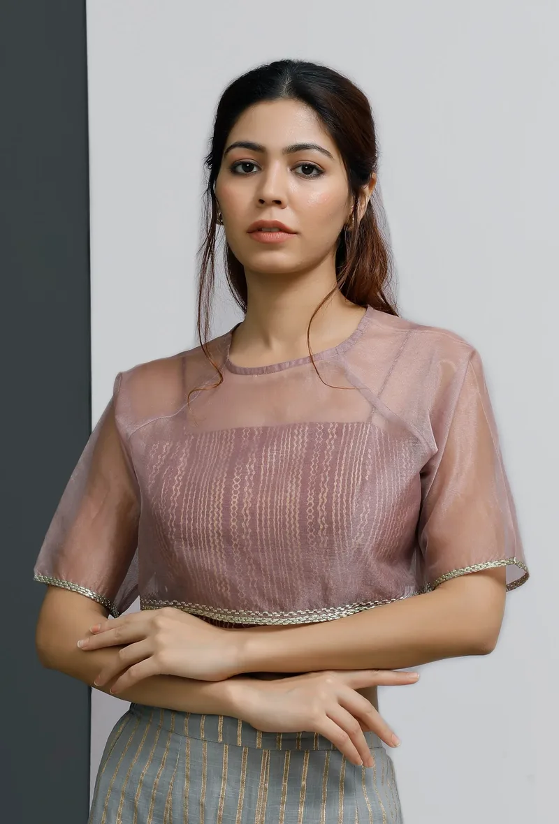 Set of 2: Plum Block-Printed Strappy Bustier Crop Top With Round Neck Organza Blouse