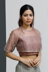 Set of 2: Plum Block-Printed Strappy Bustier Crop Top With Round Neck Organza Blouse image 2