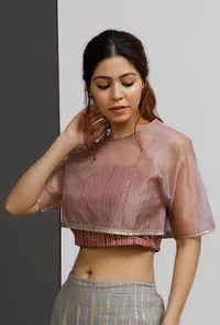 Set of 2: Plum Block-Printed Strappy Bustier Crop Top With Round Neck Organza Blouse image 3