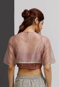 Set of 2: Plum Block-Printed Strappy Bustier Crop Top With Round Neck Organza Blouse image 4