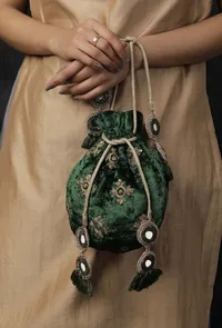 Bottle Green Velvet Potli Bag image 5
