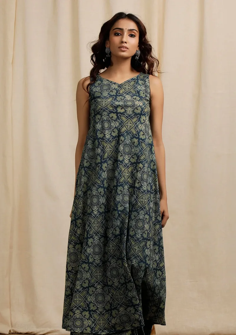 Blue Ajrakh Print Sleeveless Flared Kurta