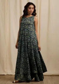 Blue Ajrakh Print Sleeveless Flared Kurta image 3