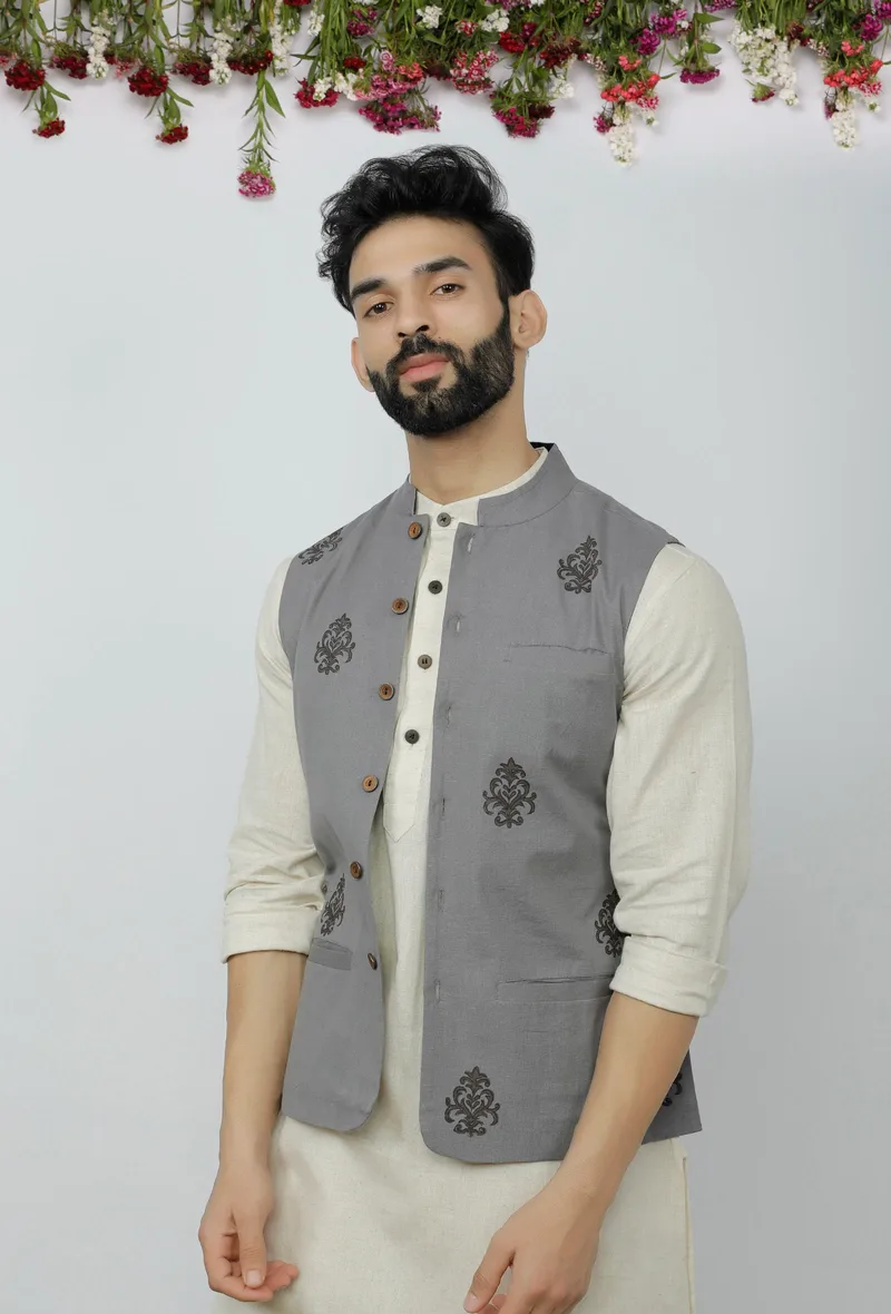 Grey Cotton Nehru Block Print Jacket