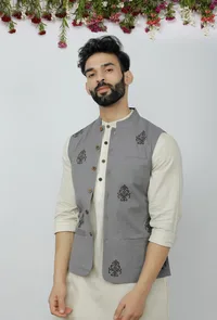 Grey Cotton Nehru Block Print Jacket image 1
