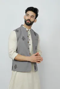 Grey Cotton Nehru Block Print Jacket image 2