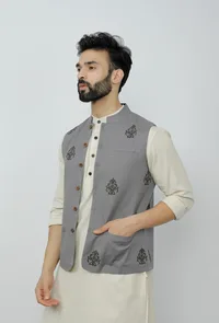 Grey Cotton Nehru Block Print Jacket image 3