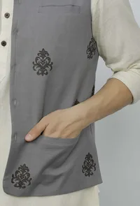 Grey Cotton Nehru Block Print Jacket image 4