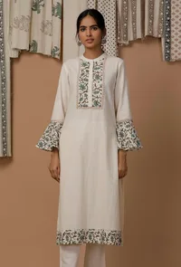 White and Green Bell Sleeves Cotton Flex  Kurta image 1