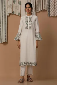White and Green Bell Sleeves Cotton Flex  Kurta image 2