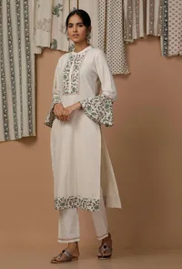 White and Green Bell Sleeves Cotton Flex  Kurta image 3