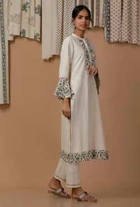 White and Green Bell Sleeves Cotton Flex  Kurta image 4