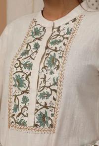 White and Green Bell Sleeves Cotton Flex  Kurta image 6