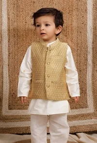 Beige Mustard Brocade Nehru Jacket image 1