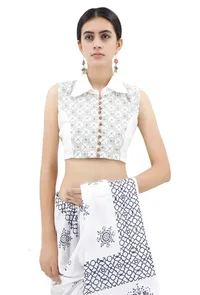 White Collared Blouse With Green Kantha Work image 1