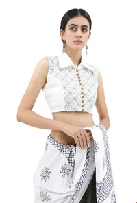 White Collared Blouse With Green Kantha Work image 2