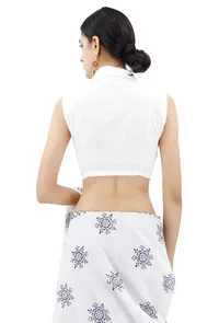 White Collared Blouse With Green Kantha Work image 3