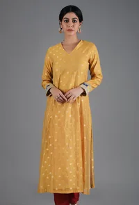 Honey Yellow V-Neck Chanderi Jacquard Kurta image 1