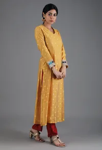 Honey Yellow V-Neck Chanderi Jacquard Kurta image 2