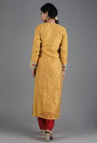 Honey Yellow V-Neck Chanderi Jacquard Kurta image 4