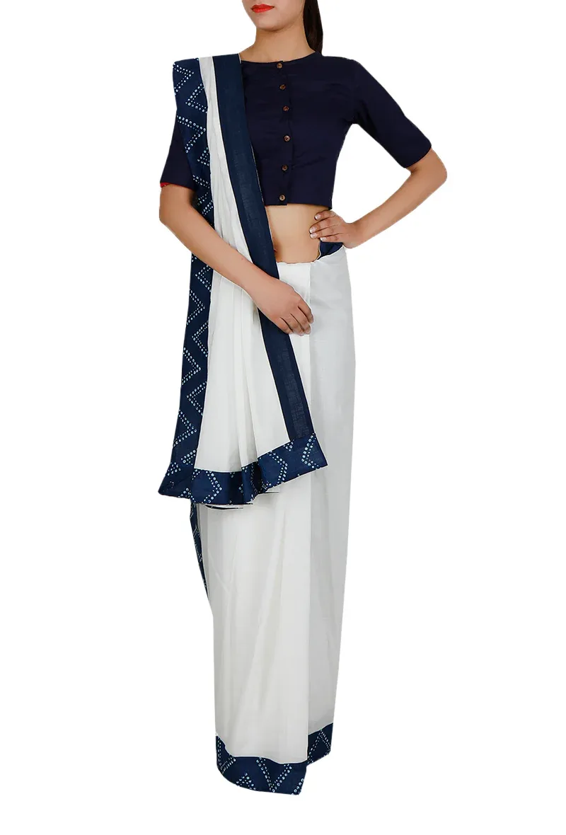White Cotton and Blue indigo Bordered Saree
