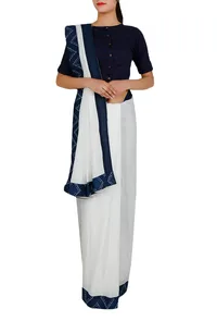 White Cotton and Blue indigo Bordered Saree image 2