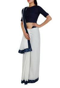White Cotton and Blue indigo Bordered Saree image 3