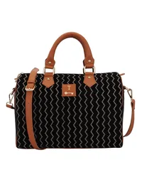 Black Kantha Embroidery Suede Handbag (13"x10"x6") image 2