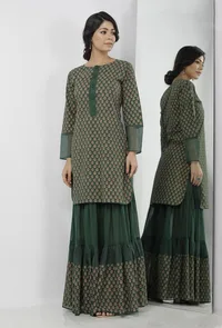 Irvin Bottle Green Floral Hand-Block Printed Cotton Short Kurta image 1