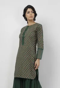 Irvin Bottle Green Floral Hand-Block Printed Cotton Short Kurta image 2
