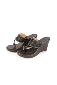 Classic Black Vegan Leather Kolhapuri Wedges image 2