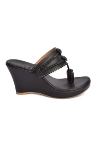 Classic Black Vegan Leather Kolhapuri Wedges image 3
