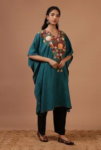 Light Navy Blue Cotton Crush Ari Embroidered Kaftan- Free Size image 2