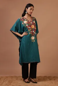 Light Navy Blue Cotton Crush Ari Embroidered Kaftan- Free Size image 3